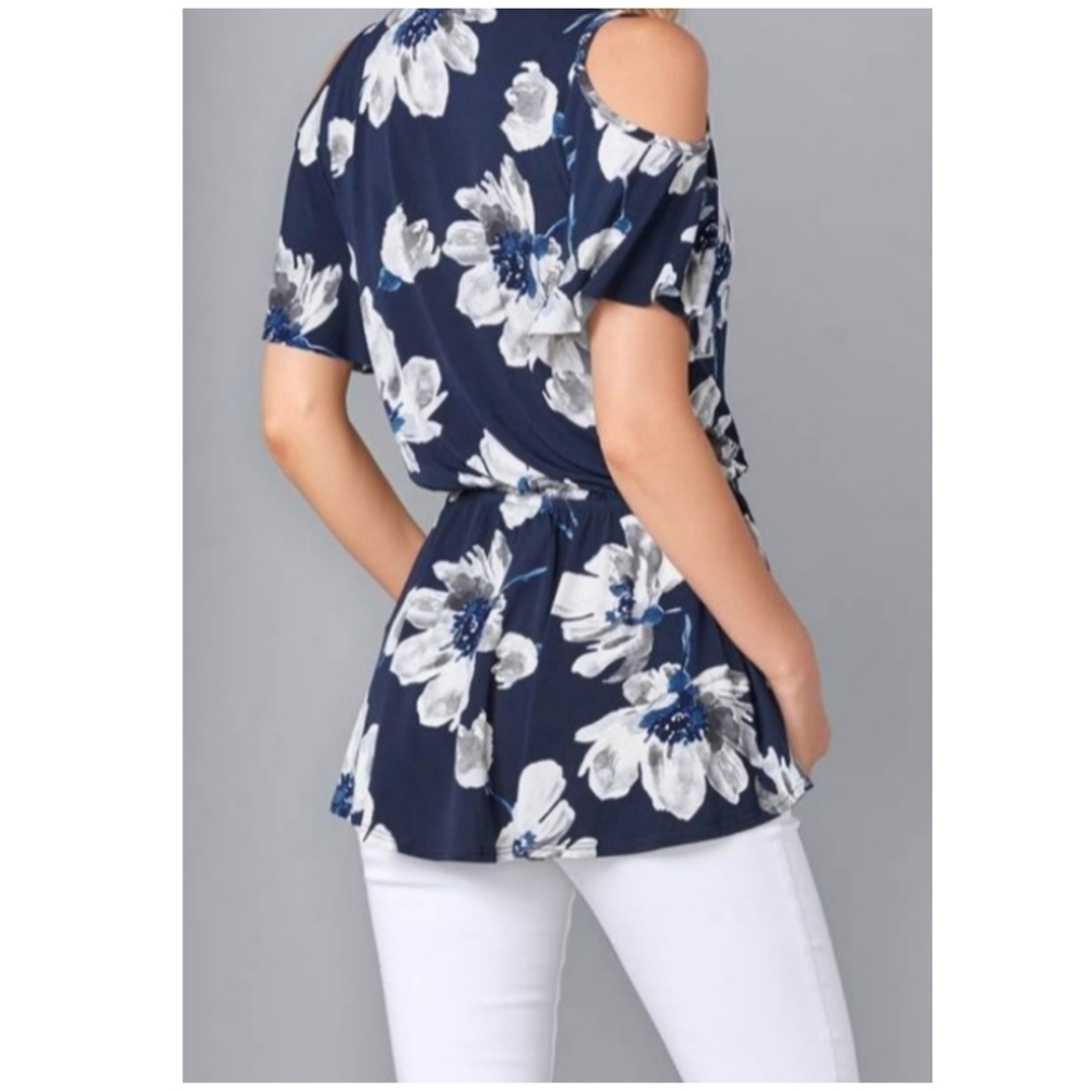 Venus Blue and White Floral Cold-Shoulder Top, Size L - Picture 6 of 10